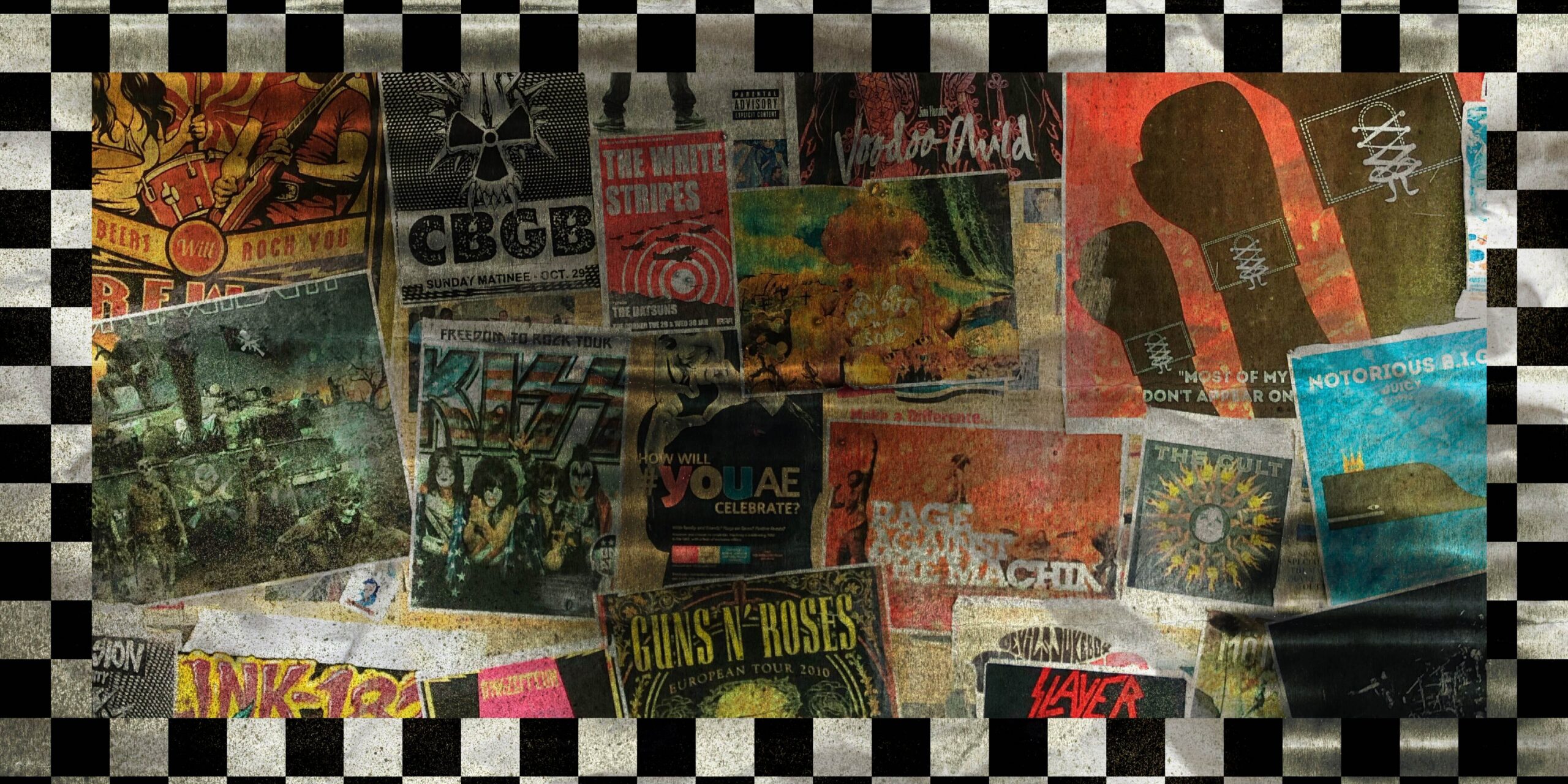 Collage of vintage rock posters featuring classic bands and grunge-style artwork on a distressed background with a black-and-white checker border | Dad Rock Music Party