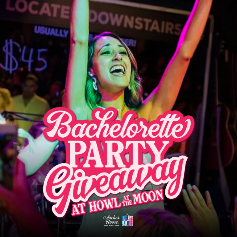 A woman celebrates on stage with her arms raised during a live music show at Howl at the Moon, promoting a bachelorette party giveaway sponsored by Archer Roose.