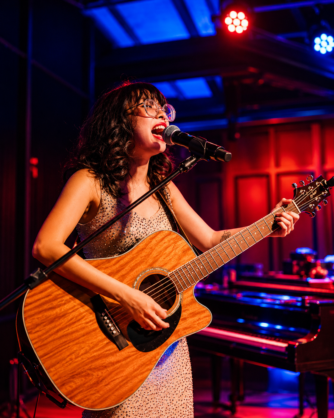 Live musician performing on stage during Indianapolis Happy Hour at Howl at the Moon.